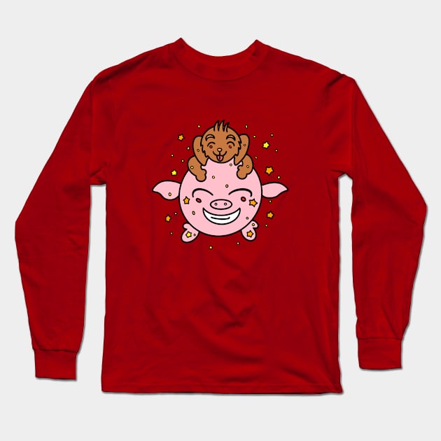 Cartoon puppy with funny pig Long Sleeve T-Shirt by Andrew Hau